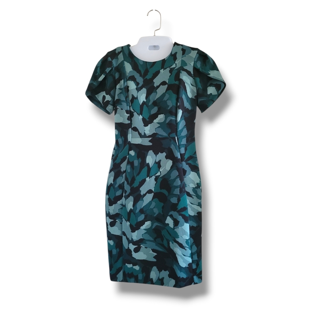 Calvin Klein | Elegant Green/Black Abstract Floral Tulip Sleeve Dress (SIZE 6P)